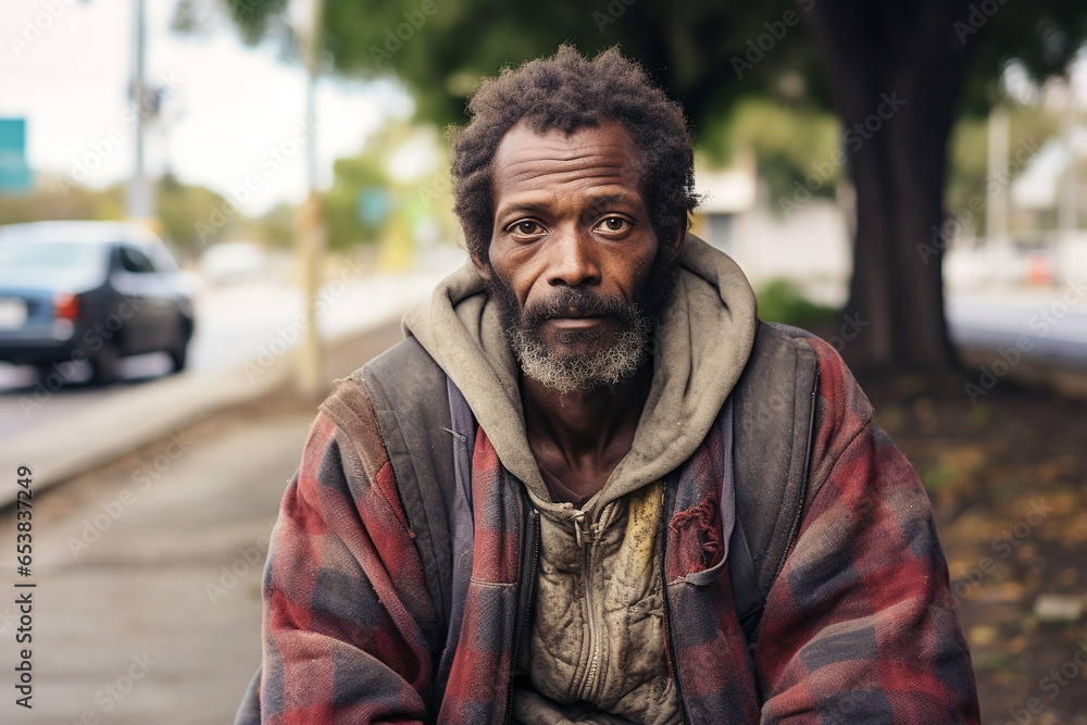 portrait of American homeless man sitting on curb on street portrait of American homeless man sitting on curb on street