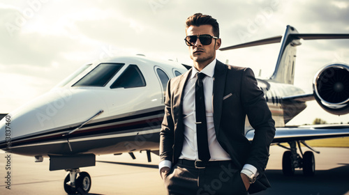Handsome young businessman in sunglasses is standing near airplane and looking at camera.