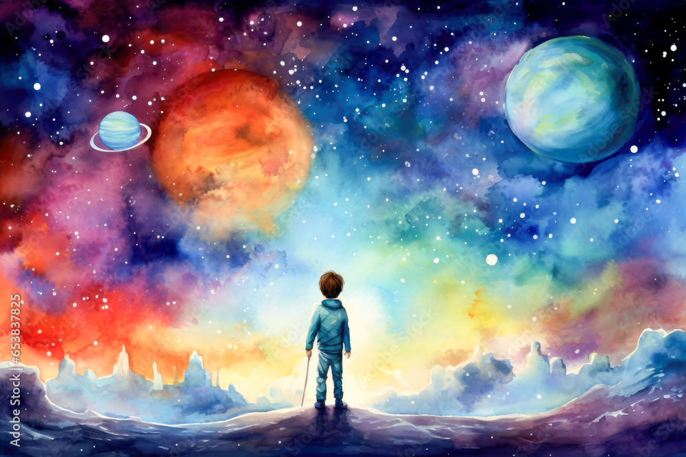Fototapeta premium Cartoon scene with boy and planets in the sky illustration for children