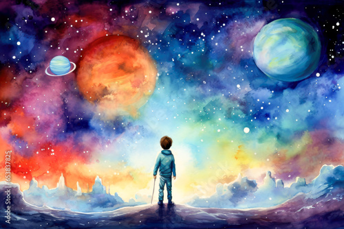 Cartoon scene with boy and planets in the sky illustration for children