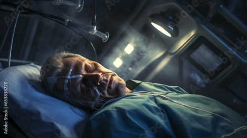 Sick man lying in the operating room at the hospital. Sick senior man lying in hospital bed with oxygen mask on his face.