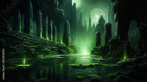 Illuminated Fantastical Swamp Ruins With Water And Green Moon. Fantastical Swamp Ruins Wallpaper. Digital Painting Background. Generative AI