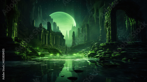 Illuminated Fantastical Swamp Ruins With Water And Green Moon. Fantastical Swamp Ruins Wallpaper. Digital Painting Background. Generative AI