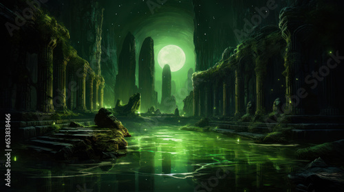 Haunted Swamp Ruins and Green Energy Radiance. Mystical Marshland. Fantastical Swamp Ruins Wallpaper. Digital Painting Background. Generative AI