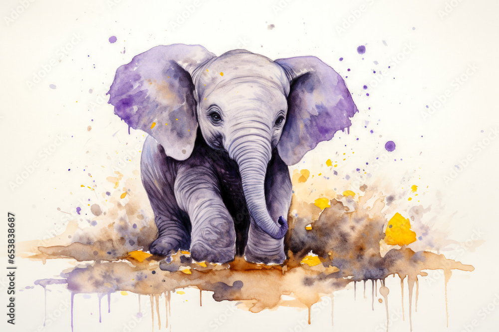 Colorful watercolor illustration of an elephant on a white background.