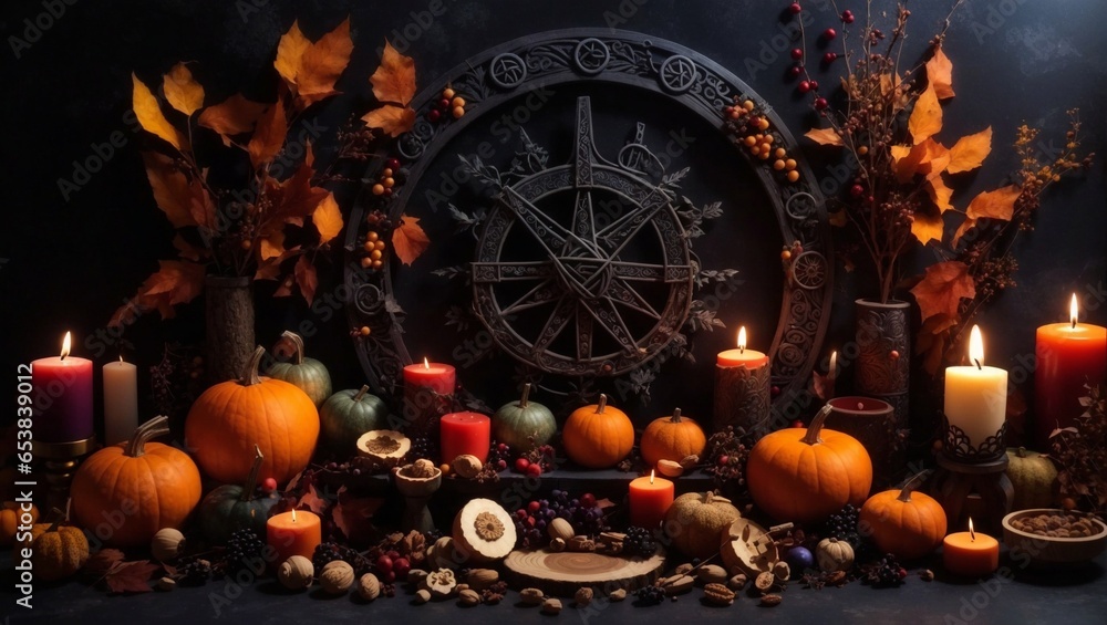 Wiccan altar for Mab On sabbat. fruits, pumpkins, candle, nuts and wheel of the year on abstract dark background. - obrazy, fototapety, plakaty 