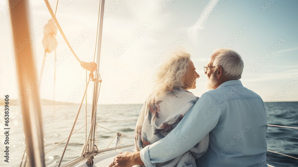 A senior couple is seen enjoying their retirement years by traveling and sailing. They are on a sailboat, cruising through the open sea, with the wind in their hair and the sun on their faces. A senior couple is seen enjoying their retirement years by traveling and sailing. They are on a sailboat, cruising through the open sea, with the wind in their hair and the sun on their faces.