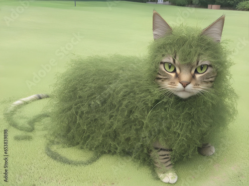 Cat Covered in Grass AI generated photo