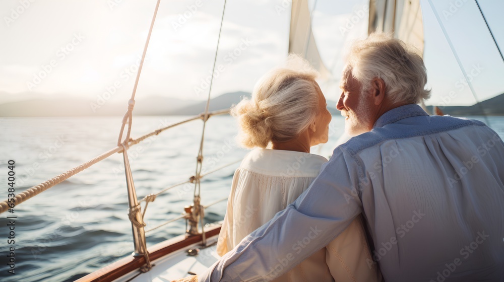 Fototapeta premium A senior couple is seen enjoying their retirement years by traveling and sailing. They are on a sailboat, cruising through the open sea, with the wind in their hair and the sun on their faces.
