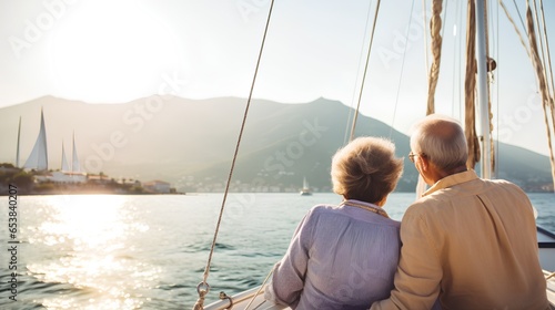 A senior couple is seen enjoying their retirement years by traveling and sailing. They are on a sailboat, cruising through the open sea, with the wind in their hair and the sun on their faces.