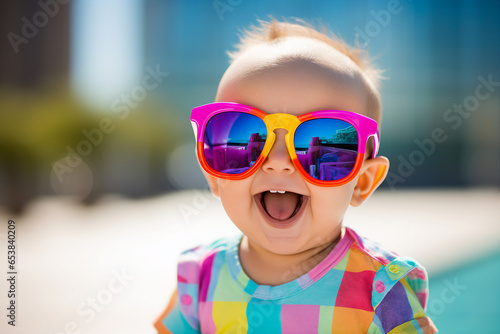 Generative AI portrait of adorable positive baby walking having fun enjoying summer time outside