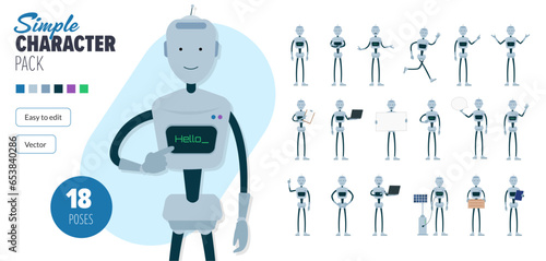 Simple flat AI artificial intelligence robot vector character in a set of multiple poses. Easy to edit and isolated on a white background. Modern trendy style character mega pack with lots of poses.