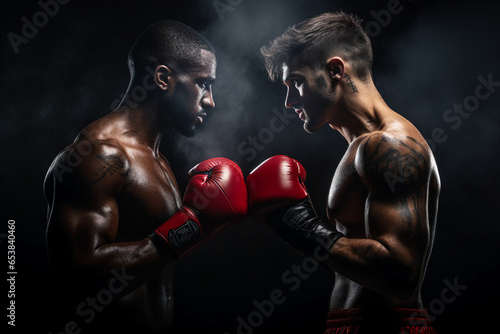 Generative AI portrait of a professional strong male two boxers fighting in a boxing ring © Tetiana