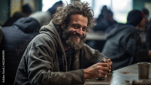 A homeless man sits smiling in the shelter's cafeteria.