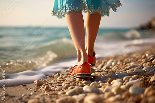 Close up generative AI photo of young girl in orange color sneakers walking along the seaside on a sunny summer day