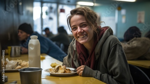 Homeless young woman in shelter dining hall photo