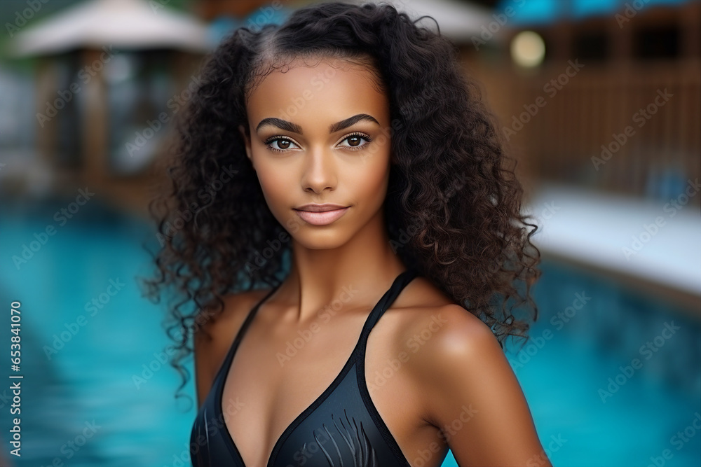 Generative AI photography of attractive charming lady at tropical beach resort Generative AI photography of attractive charming lady at tropical beach resort