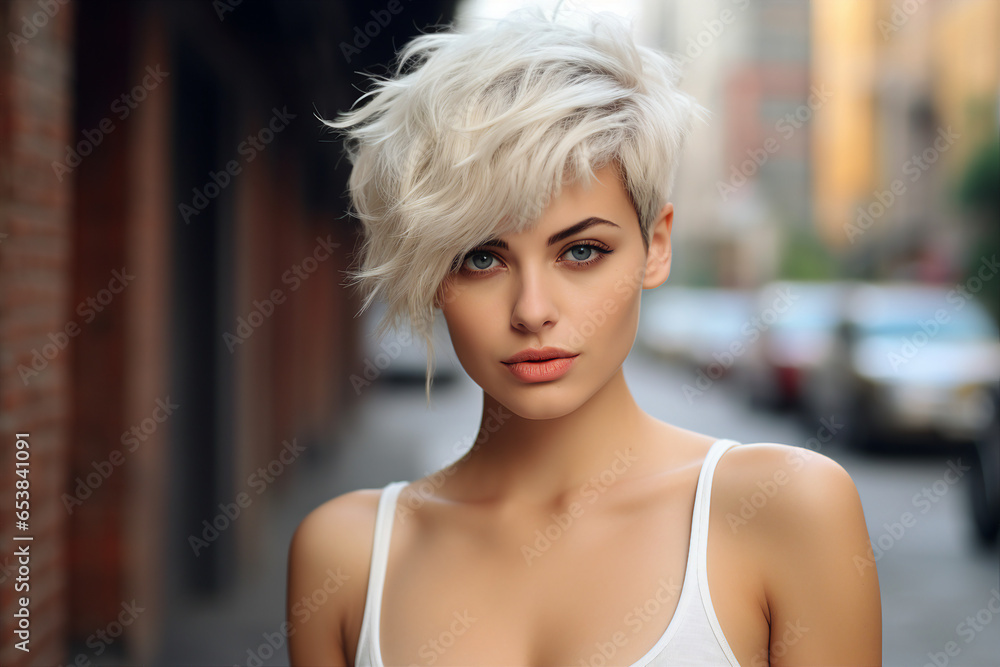 Generative AI photo of attractive lovely girl with stylish haircut on blurred city street backdrop Generative AI photo of attractive lovely girl with stylish haircut on blurred city street backdrop