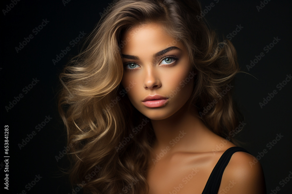 Fototapeta premium Generative Ai portrait of young pretty woman natural beauty brown volume hairstyle on background