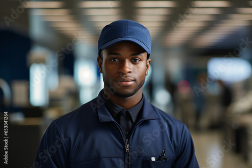 Generative AI photo of male professional postman wear uniform working in the warehouse