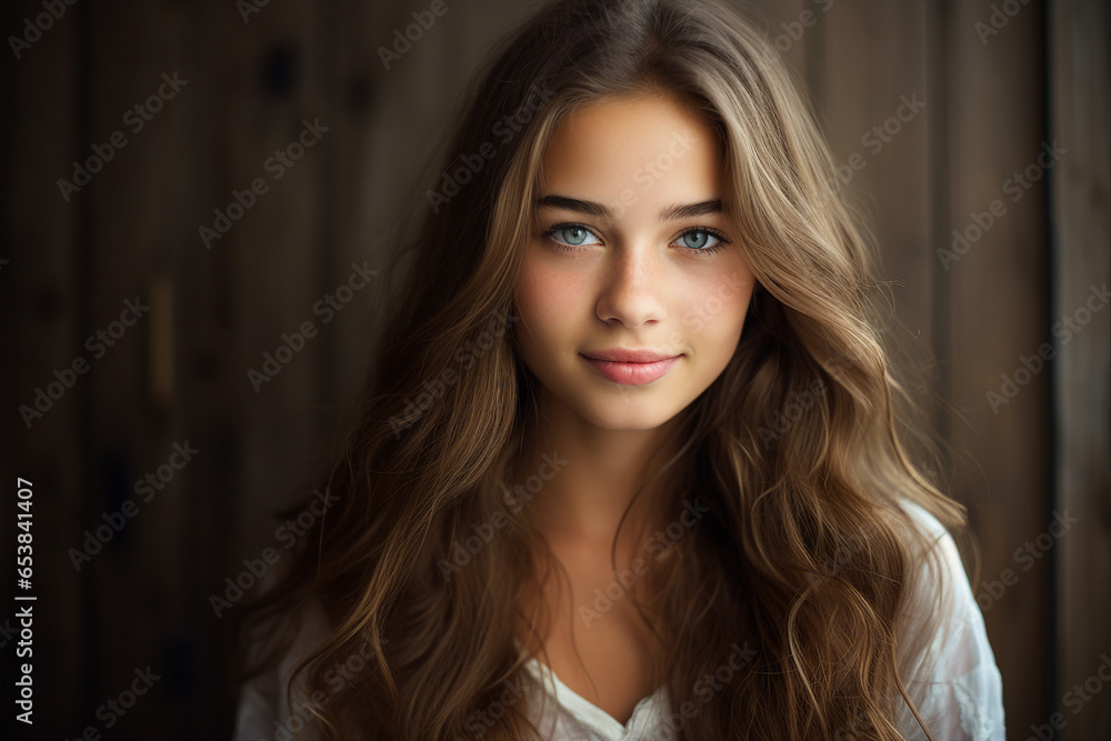 Close up generative ai portrait of a beautiful young girl model advertising hair care beauty products Close up generative ai portrait of a beautiful young girl model advertising hair care beauty products