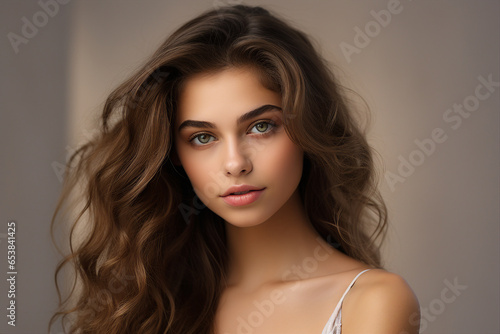 Close up photo portrait of a beautiful young woman smiling and looking at camera isolated on a beige background