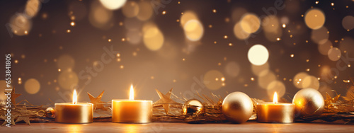 Christmass background with candles and golden bokeh, blank photo
