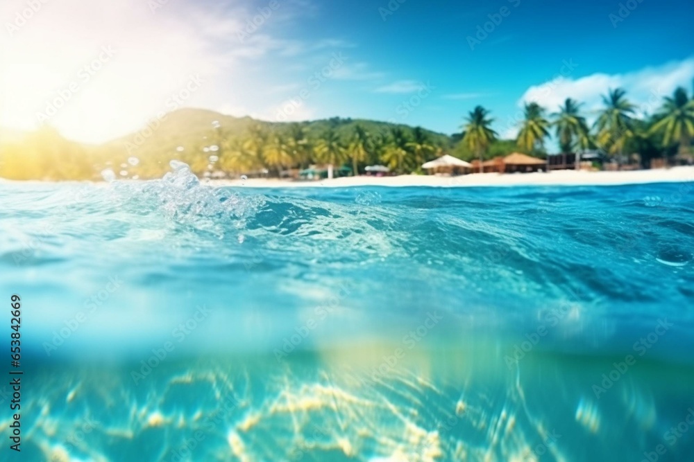 Blurred sky, sea waves, bokeh light: bright, sunny, tropical. Background summer vacation wallpaper: Caribbean. Generative AI