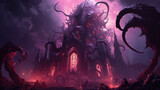 Ethereal Gothic Cathedral Pastel Goth Colors Purple And Pink With Daemonic Tentacles. Goth Vampire Digital Painting Illustration Wallpaper. Generative AI