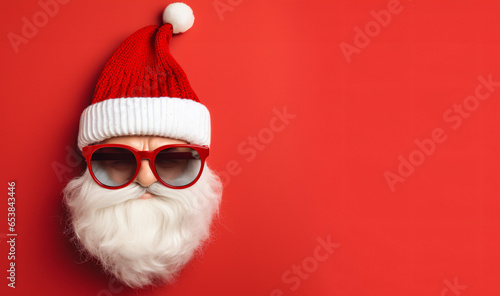 Close up photo of cool stylish trendy santa wear eyeglasses eyewear cap hat isolated background