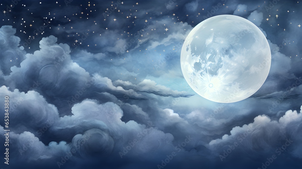 Watercolor night landscape with moon, clouds and stars