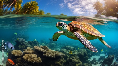 a green sea turtle swimming in a beautiful blue ocean reef at an island with fishes, seaweed and corals. turquoise water color. 16:9 4k background wallpaper. Generative AI