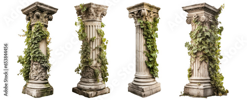 Antique column with overgrown foliage, old architecture and nature, isolated on transparent background generative ai