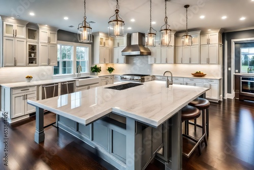 Beautiful kitchen in new residential home with island and pendant lights