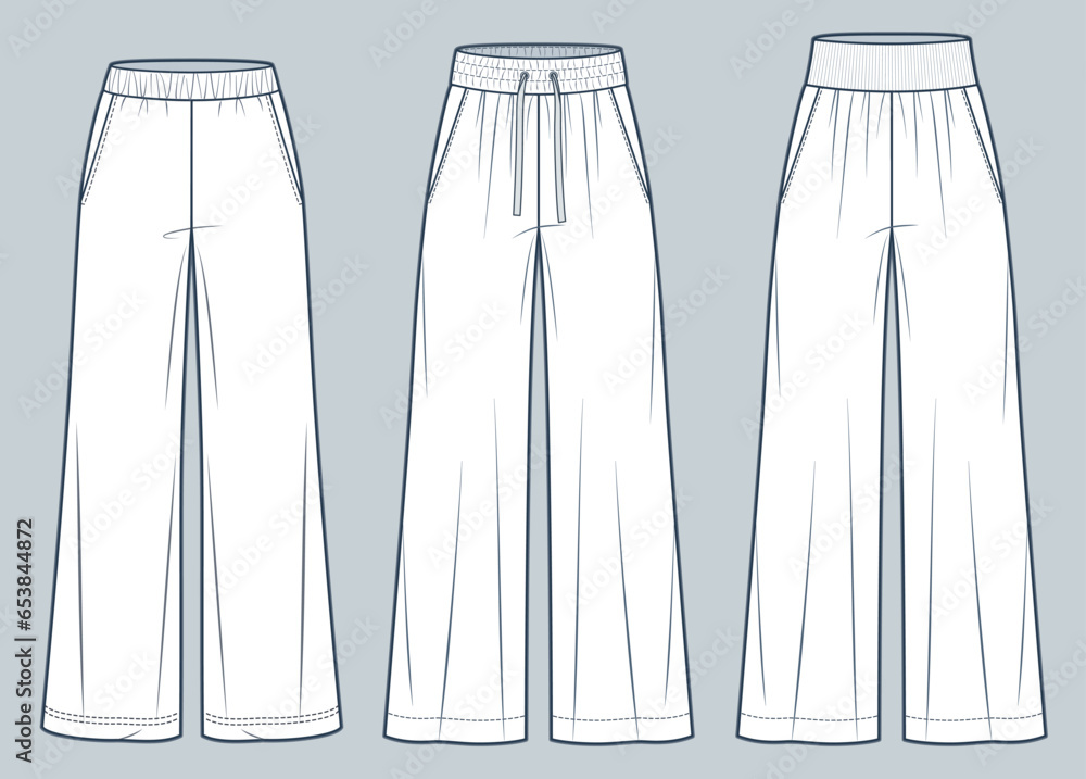 Set of Wide leg Pants fashion flat technical drawing template. Trousers technical fashion illustration, oversize, elastic waistband, front view, white, women, men, unisex CAD mockup set. Set of Wide leg Pants fashion flat technical drawing template. Trousers technical fashion illustration, oversize, elastic waistband, front view, white, women, men, unisex CAD mockup set.