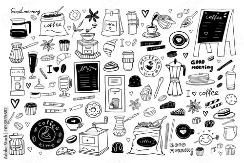 Big set of hand drawn coffee theme elements in doodle style. Vector illustration EPS10. Isolated on white background	
