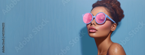 young woman wearing pink sunglasses. concept of positivity, naivety and romantic view of life
