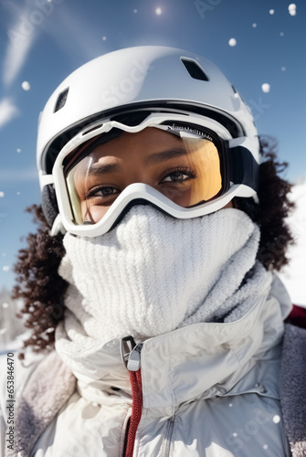 young african american model woman, taking a selfie while skiing on a beautiful sunny day, enjoying health and wellness