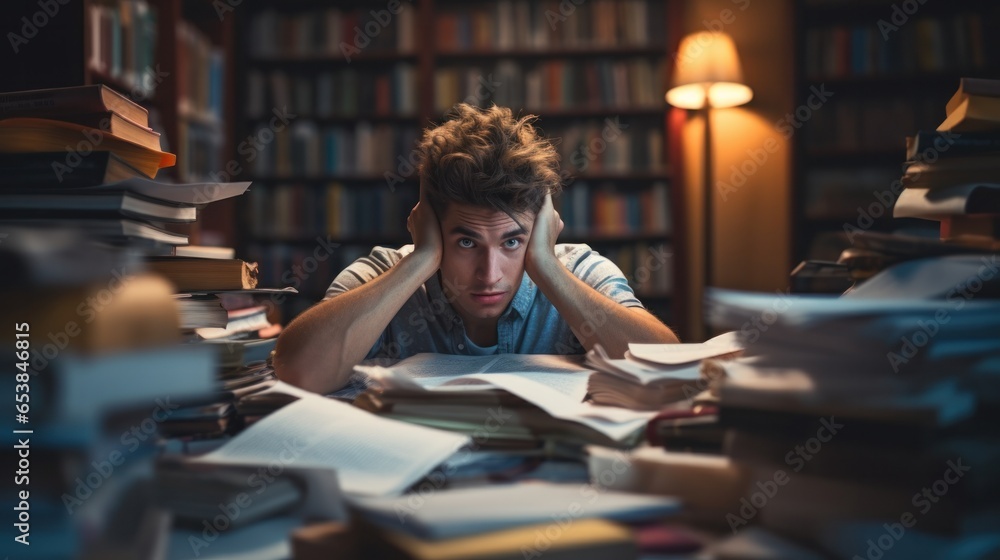 student man have anxiety because of exams, male prepare for test and learning lessons in the library. stress, despair, haste, misunderstanding reading, discouraged, expectation, knowledge, tired - obrazy, fototapety, plakaty 