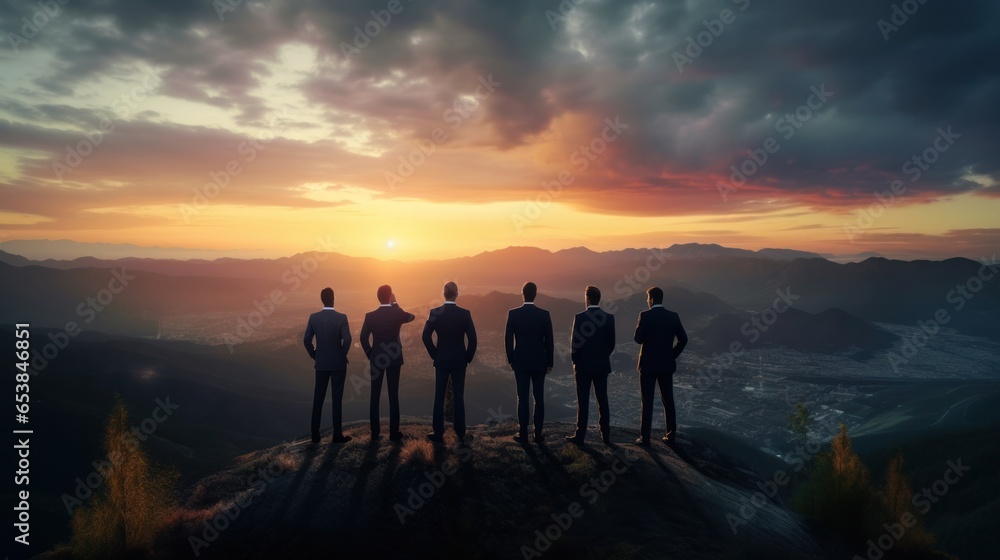 Silhouette of business team stand and feel happy on the most hight at stand on sunset, success, leader, teamwork, target, Aim, confident, achievement, goal, on plan, finish, generate by AI Silhouette of business team stand and feel happy on the most hight at stand on sunset, success, leader, teamwork, target, Aim, confident, achievement, goal, on plan, finish, generate by AI