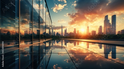 Modern office building or business center. High-rise window buildings made of glass reflect the clouds and the sunset. empty street outside  wall modernity civilization. growing up business © pinkrabbit