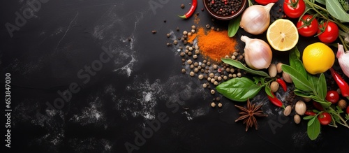 Top view of fresh ingredients for cooking on a black stone table with copy space