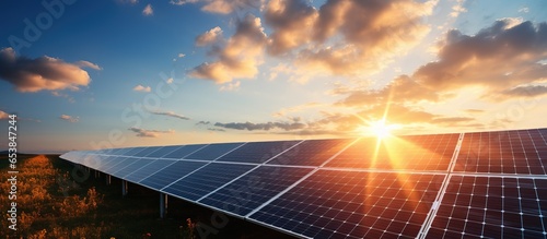 Renewable energy from solar cells on rooftop with a beautiful sunset background