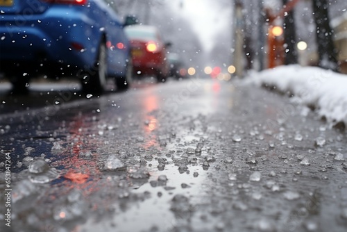 Cars perspective transformed view of freezing rain snow on the street photo