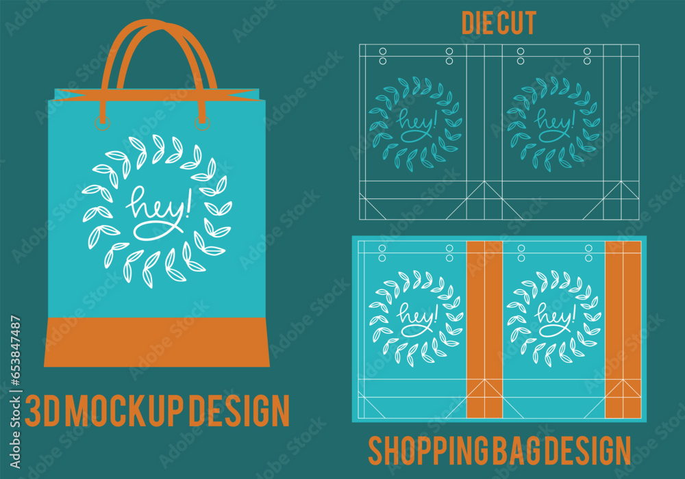 Shopping bag die cut template, paper bag die cut template, 3d bag