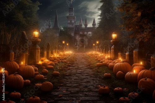 an eerie churchyard with pumpkins and candles. Generative AI