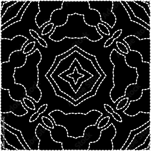 
A repeat pattern of white dots on a black background. White mandala.