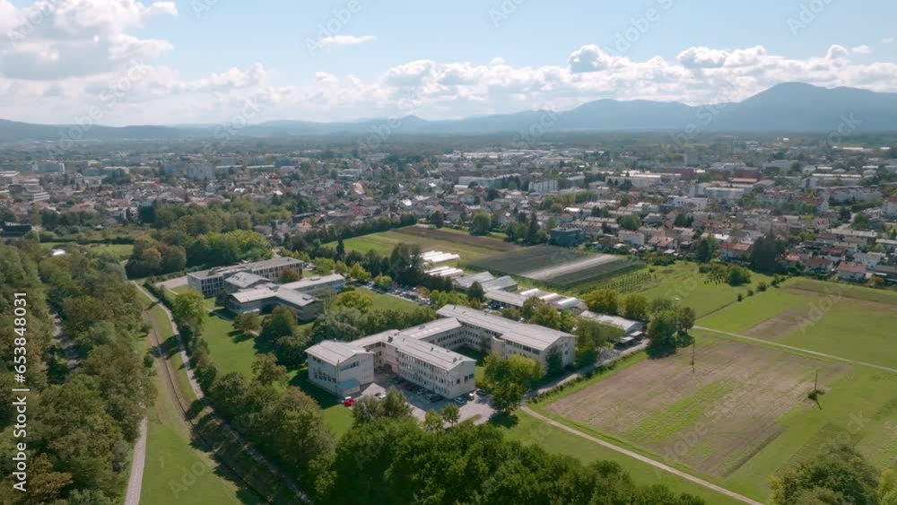 Aerial view of a scenic Slovenian town with modern architecture. Aerial view of a scenic Slovenian town with modern architecture.