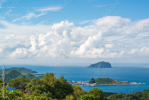 The blue sea, the blue sky, and the dynamic white clouds. View of Keelung Island from Jiufen, New Taipei City, Taiwan. © twabian