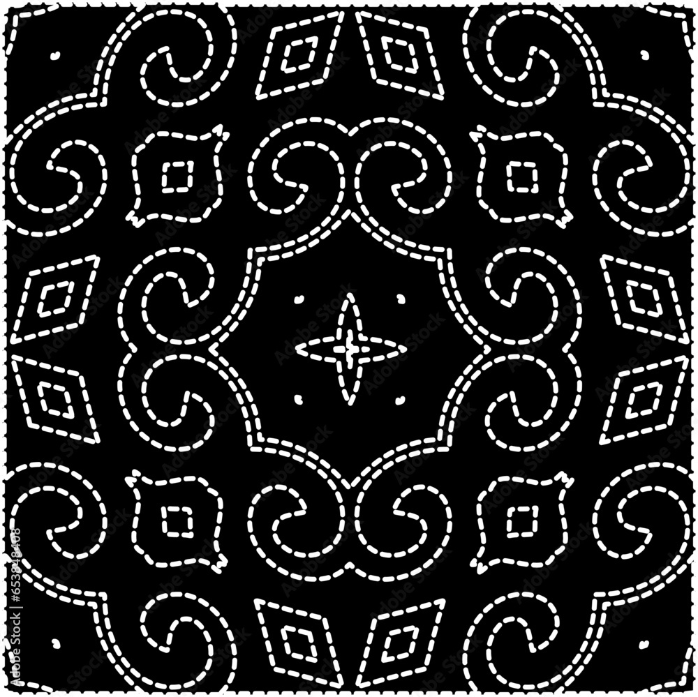 A repeat pattern of white dots on a black background. White mandala.
A repeat pattern of white dots on a black background. White mandala.